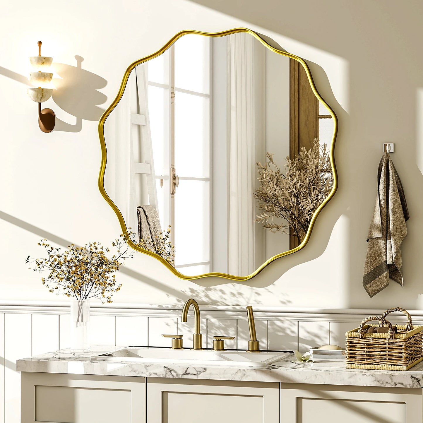 BEAUTYPEAK Wavy Round Decorative Bathroom Mirror With Deep Frame
