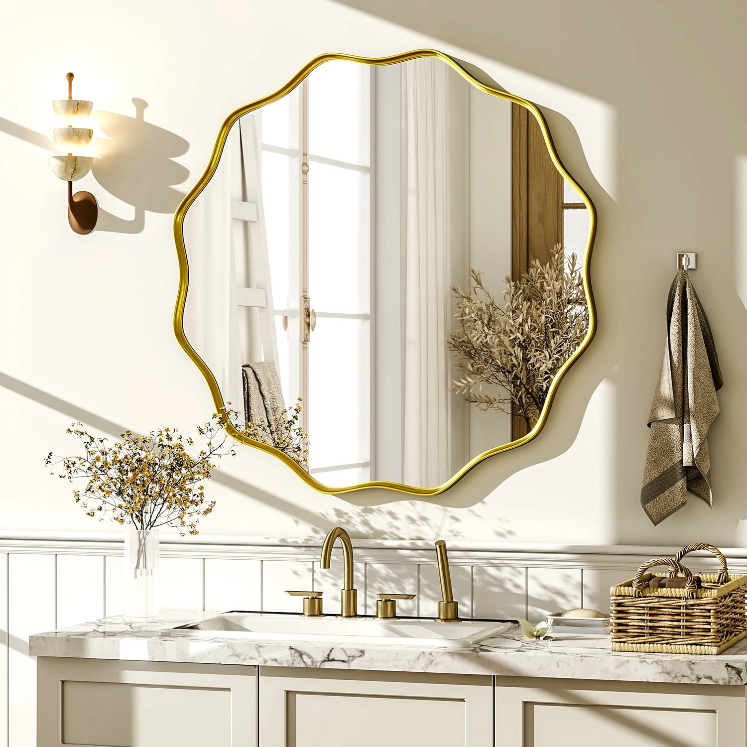 BEAUTYPEAK Wavy Round Decorative Bathroom Mirror With Deep Frame