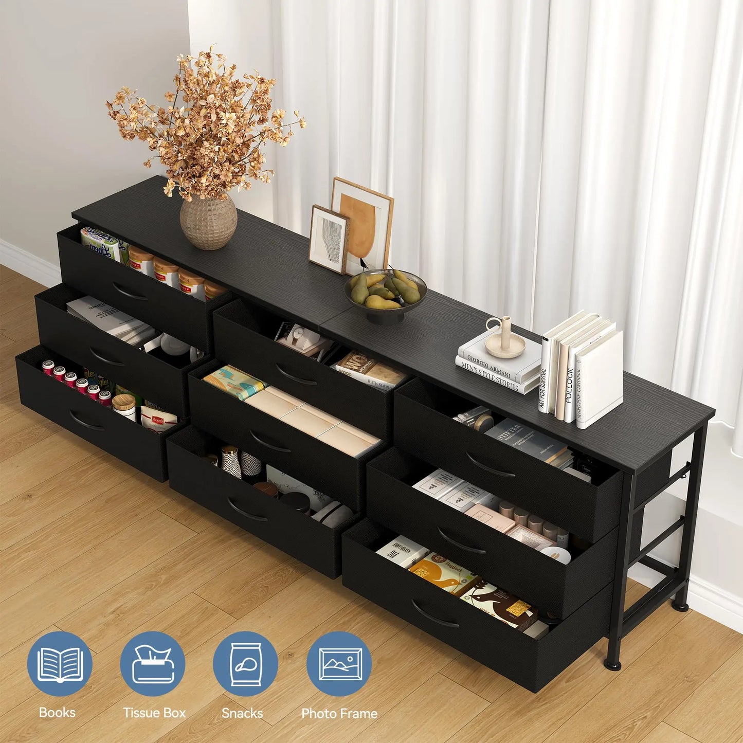 JHK Living Room Cabinet With 9 Fabric Drawers Entertainment Center