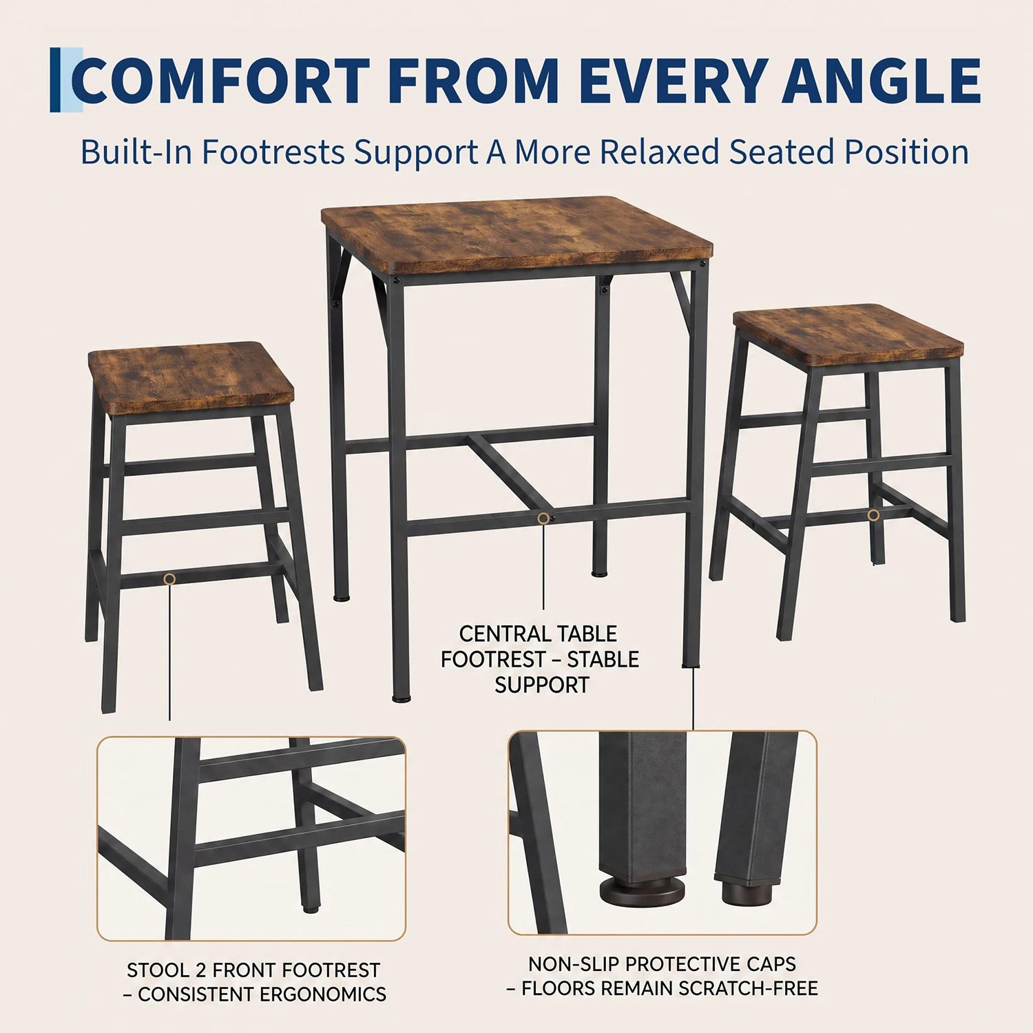 HiMISS Modern Pub Height Dining Table Set With Two Stools