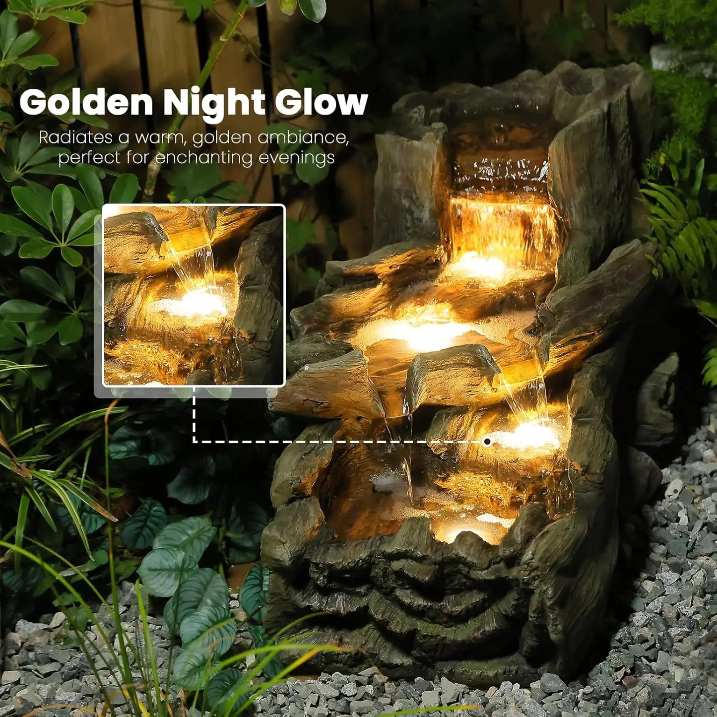 Outdoor Three Tier Tree Trunk Waterfall Fountain With LED