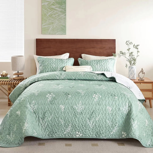 Reversible Floral Quilt Set With Pillow Cases Lightweight Microfiber Bedding