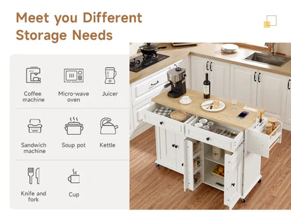 Mobile Kitchen Island With Drop Leaf Cart And Power Outlet