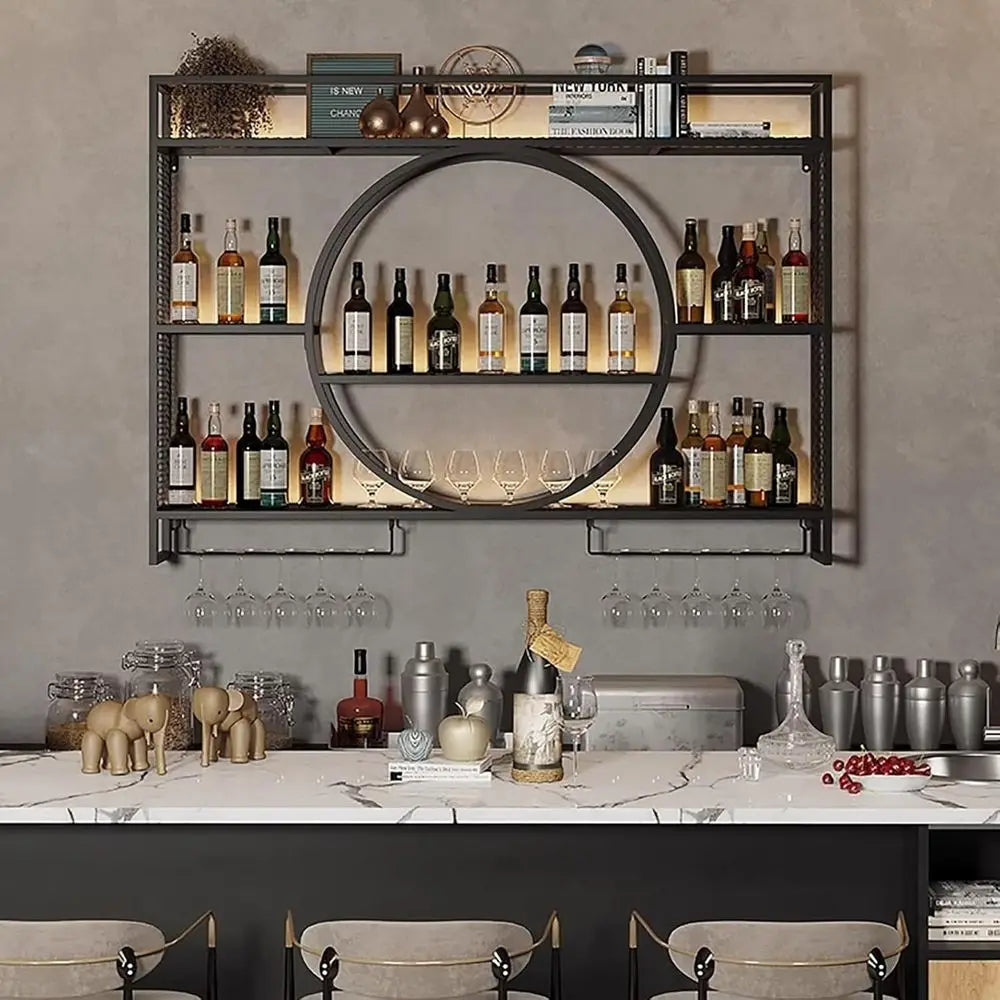 Wall Mounted Wine Rack With LED Light And Glass Holder