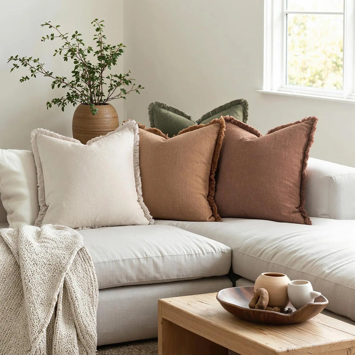 Neutral Linen Fringe Throw Pillows Set For Living Room Decor