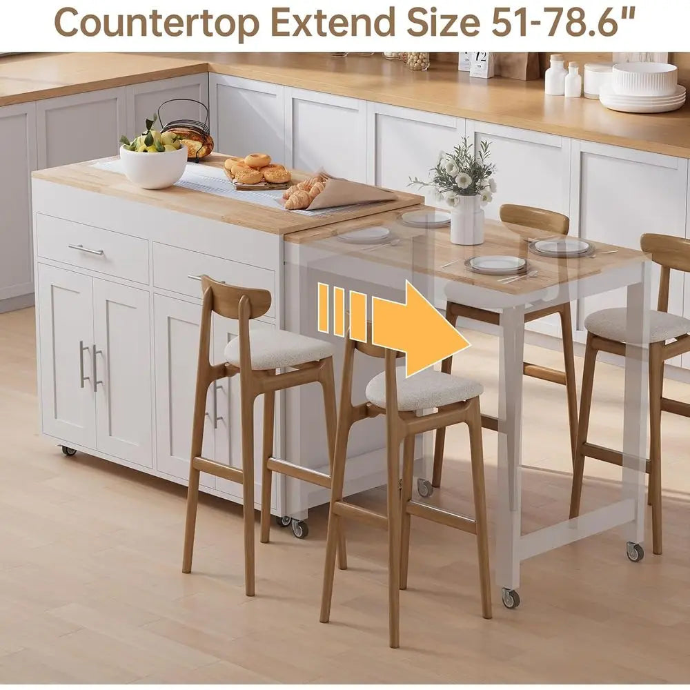 Rolling Wood Kitchen Island Dining Table With 4 Door Cabinet