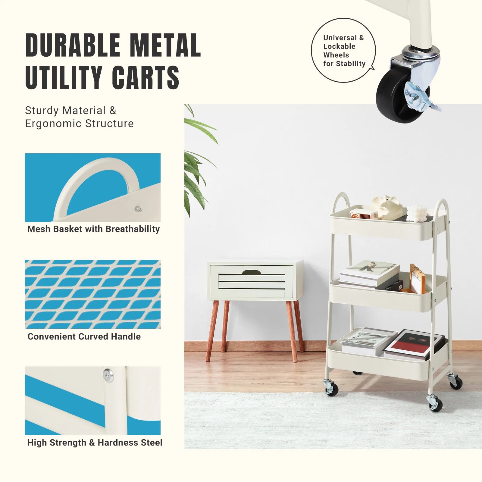 JHK 3 Tier Metal Storage Cart With Lockable Wheels