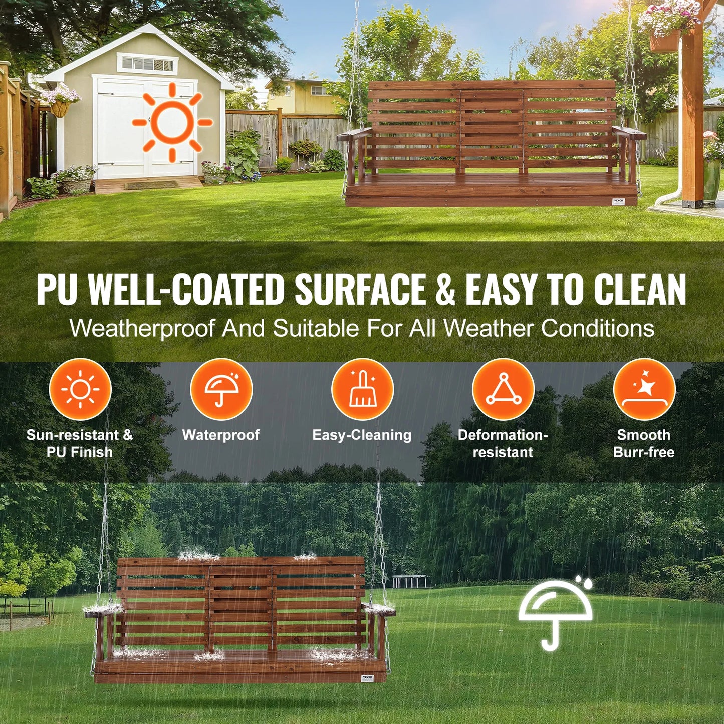 SucceBuy Wooden Porch Swing With 880 Lb Capacity Outdoor Patio