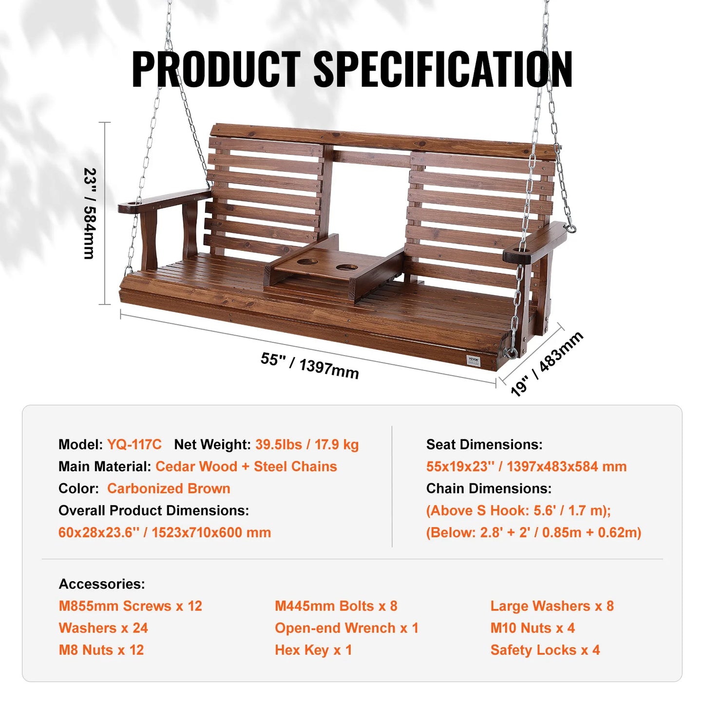SucceBuy Wooden Porch Swing With 880 Lb Capacity Outdoor Patio
