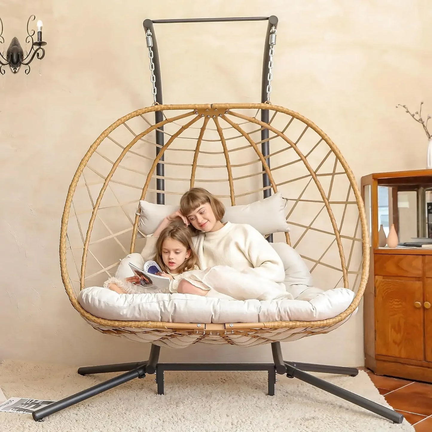 Double Egg Swing Chair With Stand For 2 Person Outdoor Hammock Cushion