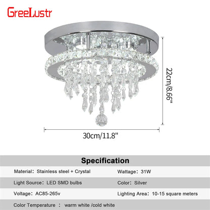 GreeLustr Crystal Led Rings Chandeliers Mirror Stainless Steel Ceiling Fixtures