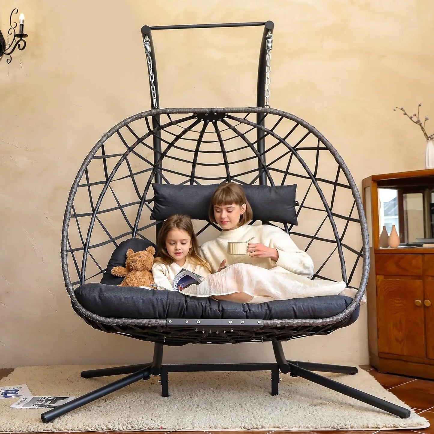 Double Egg Swing Chair With Stand For 2 Person Outdoor Hammock Cushion