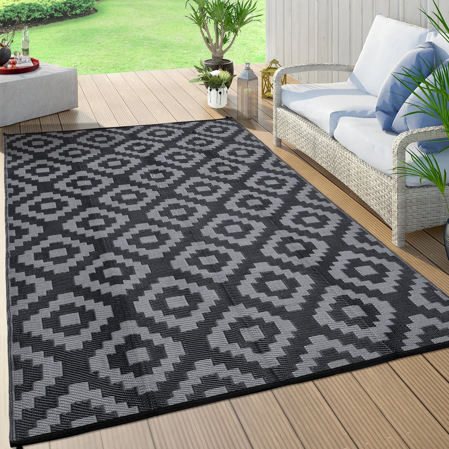 StudysetCN Outdoor Plastic Straw Geometric Rug Waterproof Reversible For Patio