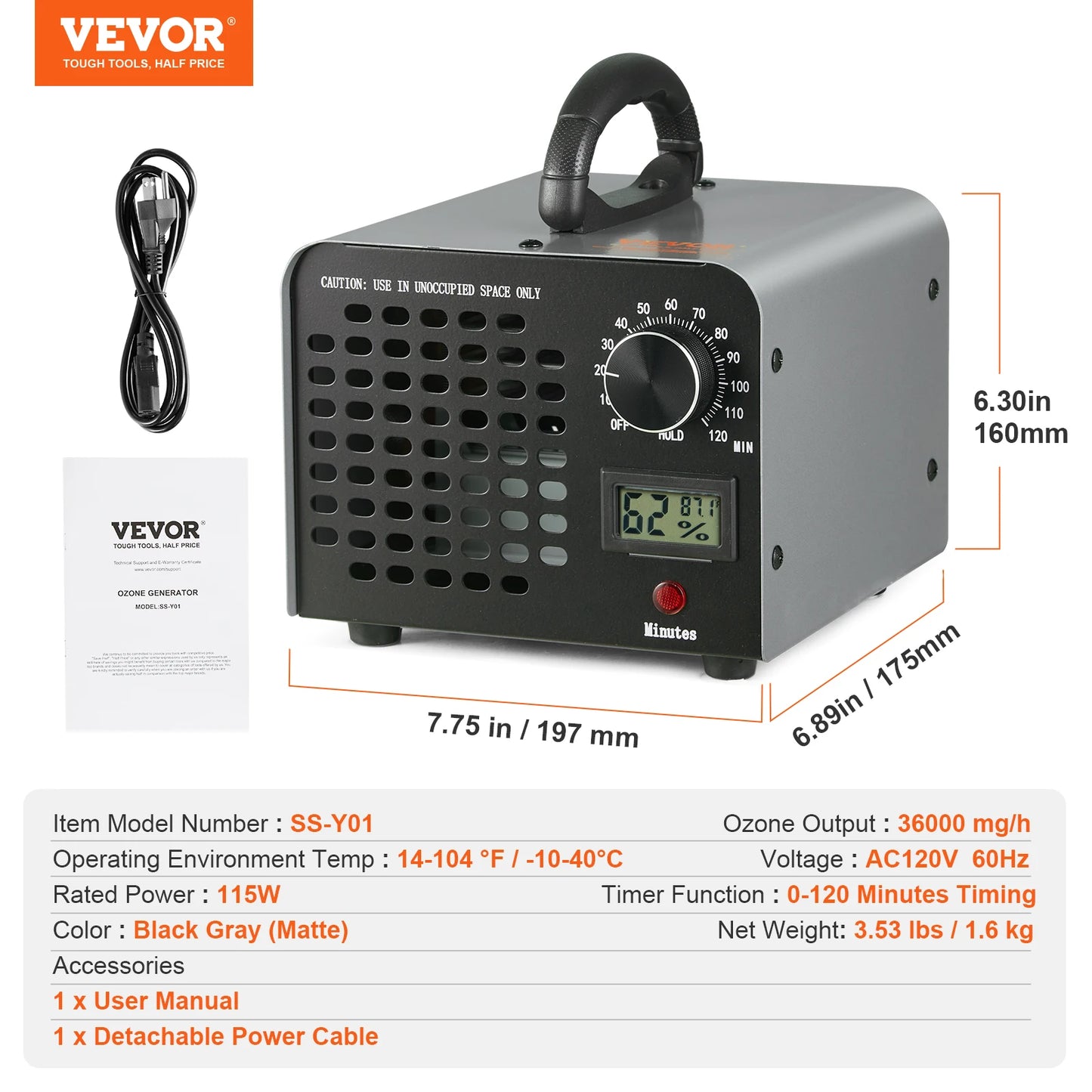 VEVOR Ozone Generator 12000 24000 36000 Mgh Odor Remover