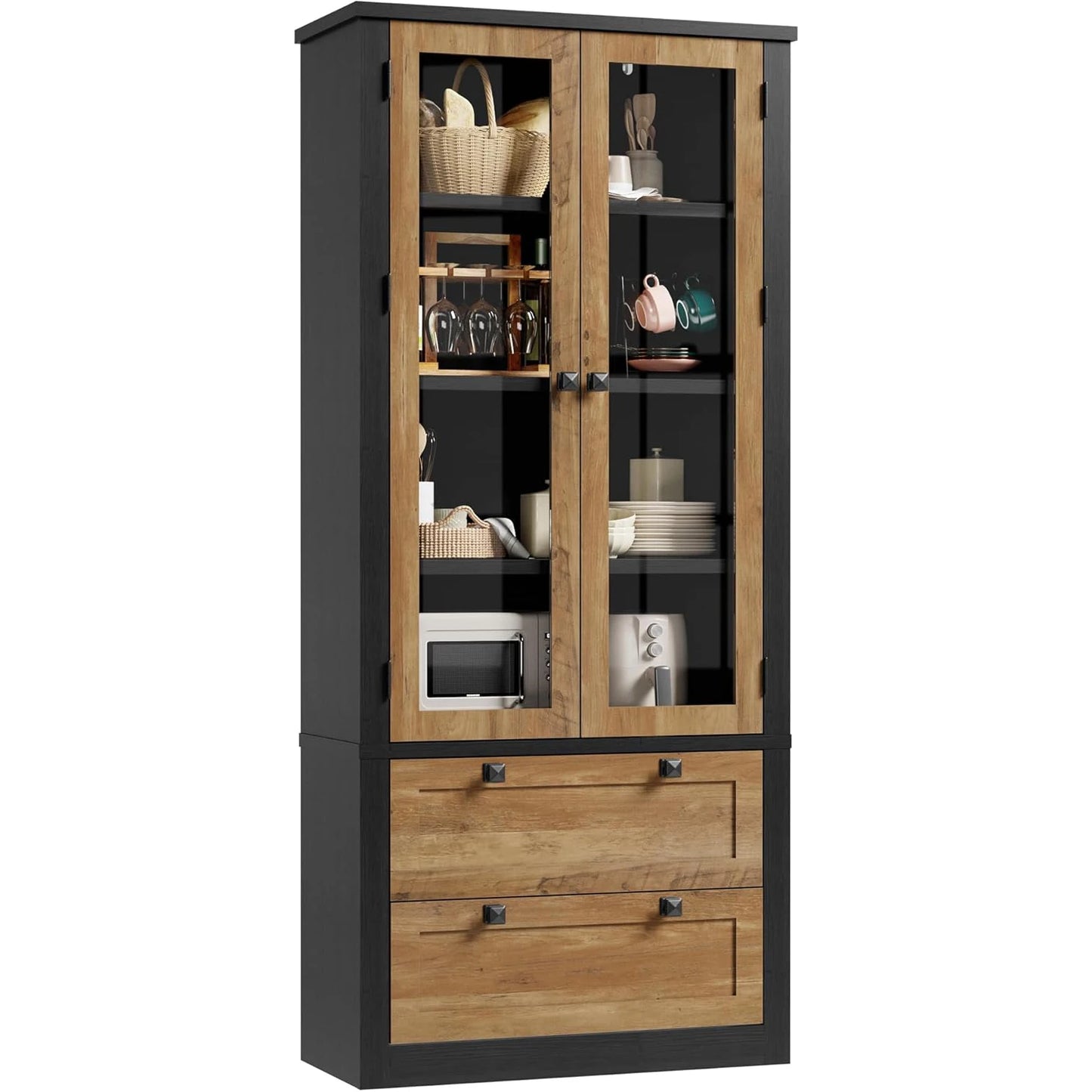 HiMISS Modern Kitchen Pantry Cabinet With Glass Doors