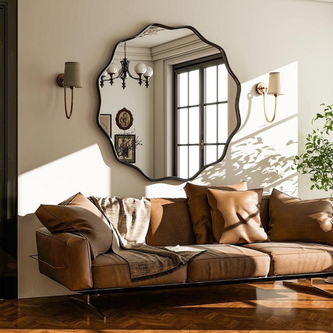 BEAUTYPEAK Wavy Round Decorative Bathroom Mirror With Deep Frame