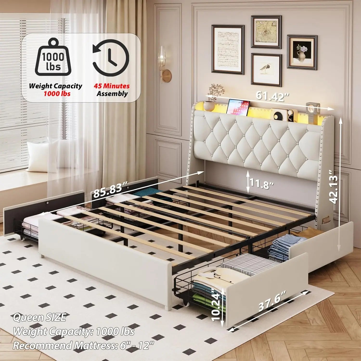 Bed Frame With 4 Drawers LED Lights And Charging Station