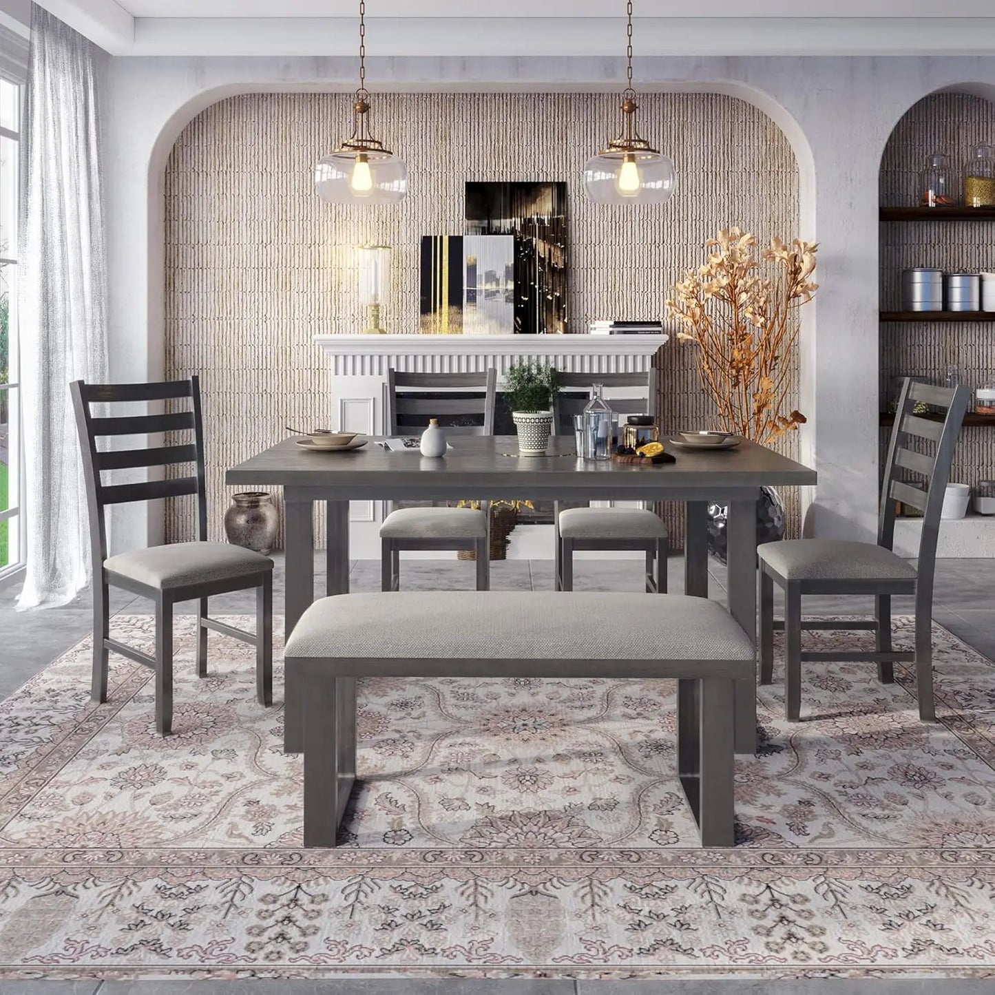 Country Rustic Dining Set With Rectangular Table And Upholstered Chairs