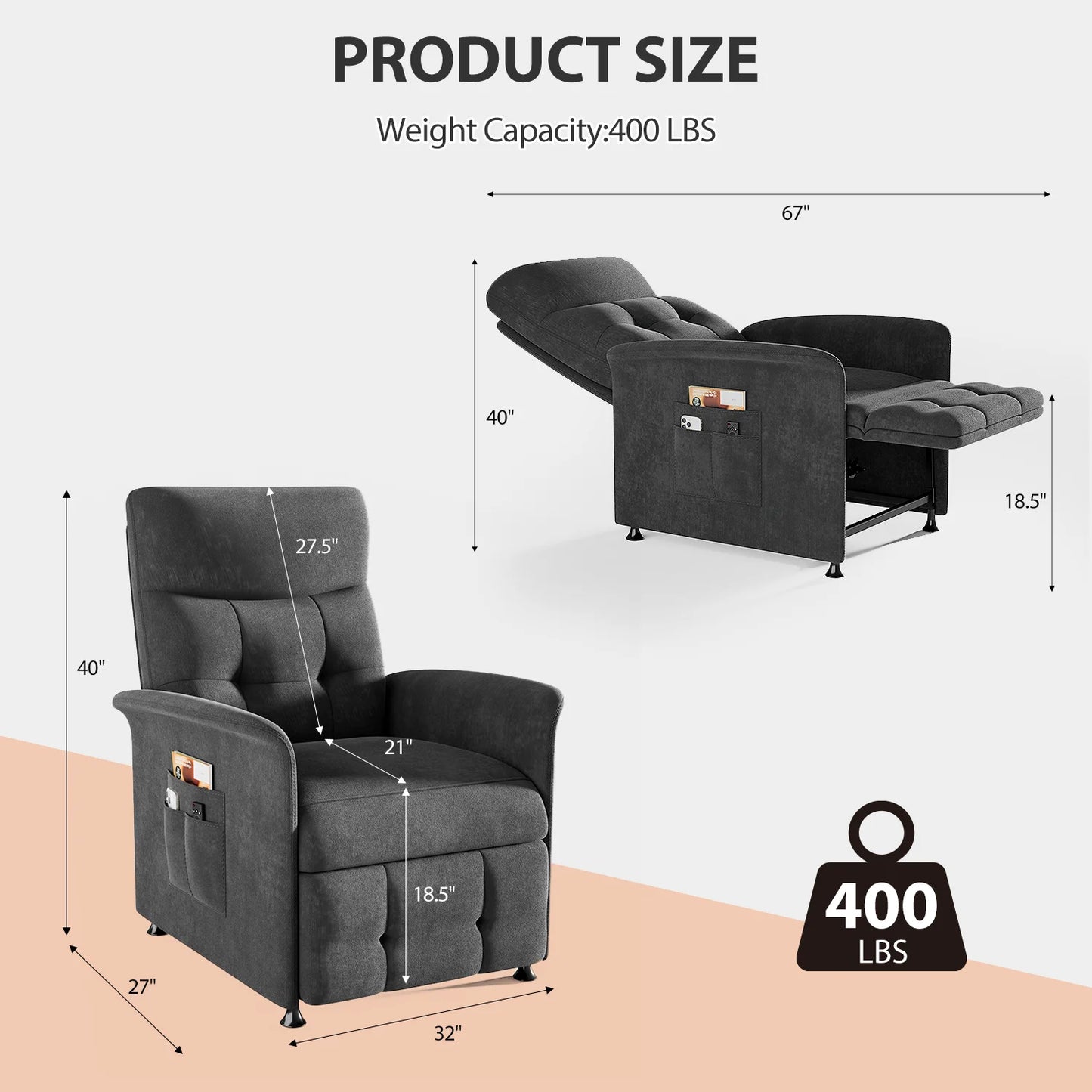 Power Recliner Chair With Heated Massage For Adults Fabric Upholstery