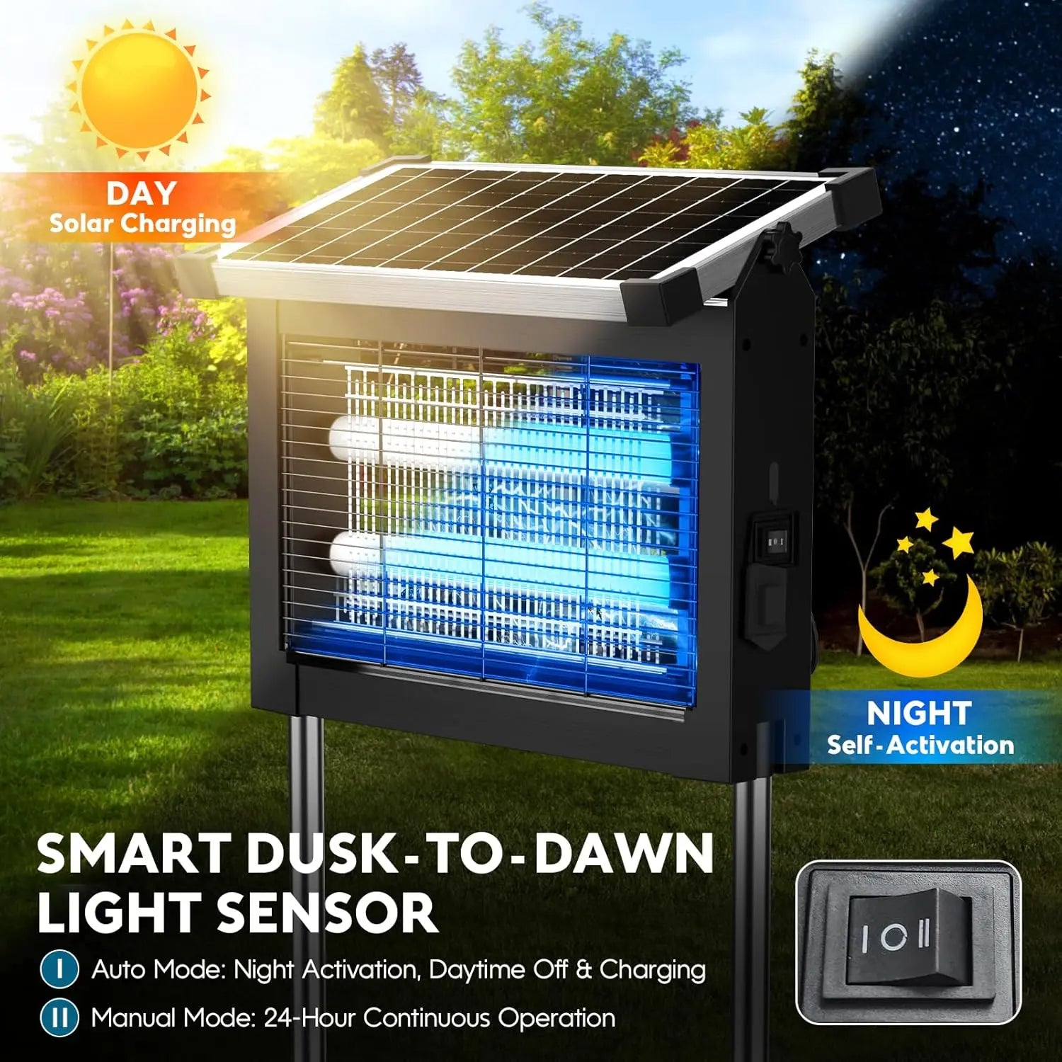 Waterproof Solar Electric Bug Zapper With Outdoor Light Sensor