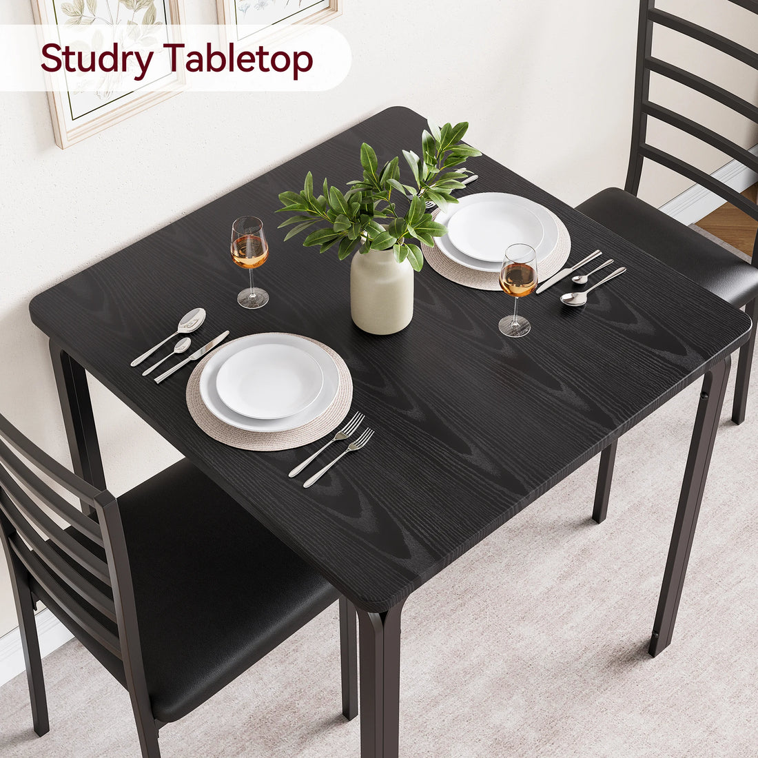 HiMiss Modern Three Piece Metal Dining Table Set For Compact Spaces