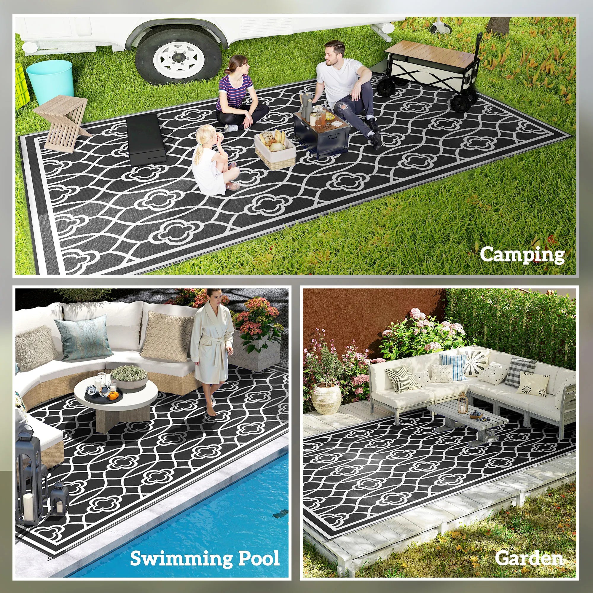 Modern Geometric Black And White Lantern Outdoor Polypropylene Floor Rug