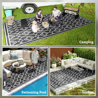 Modern Geometric Black And White Lantern Outdoor Polypropylene Floor Rug