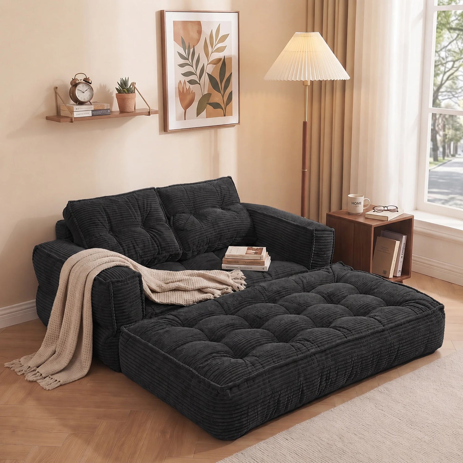 Modern Corduroy Sofa With Chaise And Convertible Floor Couch