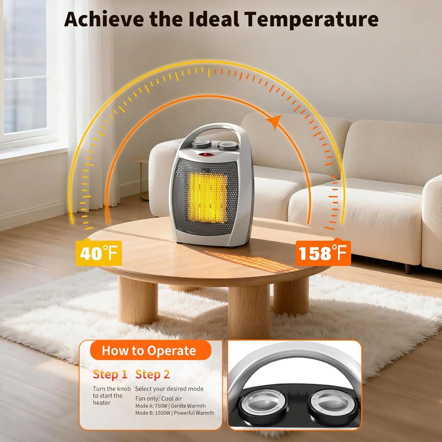 Acekool Portable Ceramic Heater And Fan 1500W Thermostat Safe Quiet