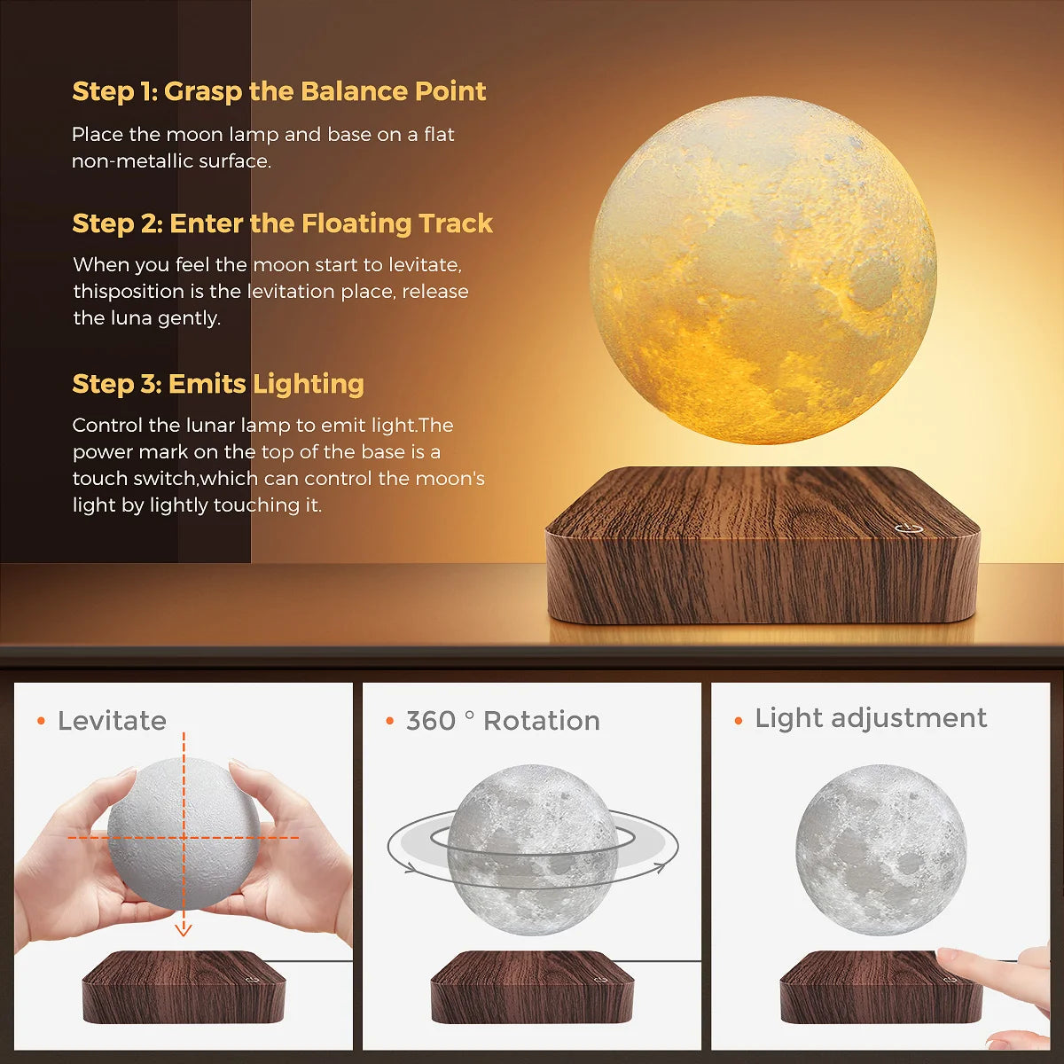 Mexllex Magnetic Floating Moon Lamp With Wooden Base 3-Temperature LED