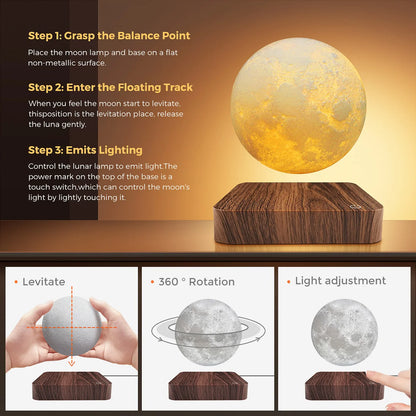 Mexllex Magnetic Floating Moon Lamp With Wooden Base 3-Temperature LED