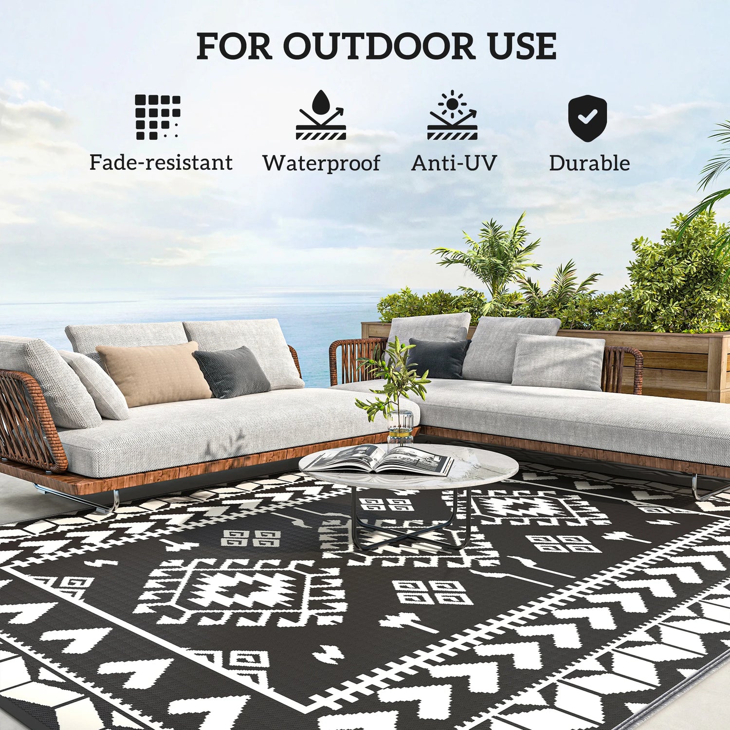 Black And White Rhombus Patchwork Outdoor Rug