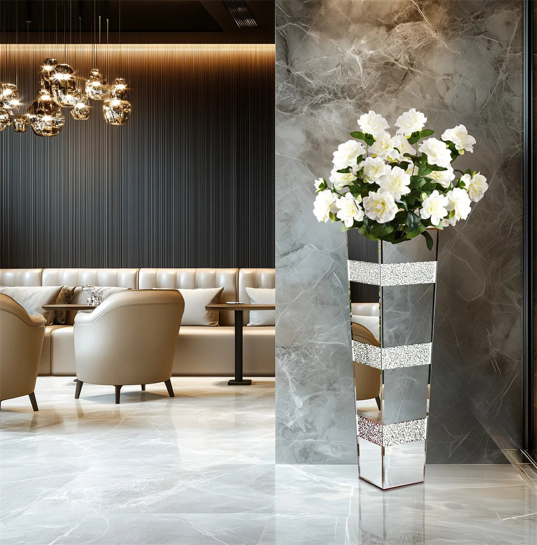 Modern Floor Vase With Crystal Accents And Mirrored Finish