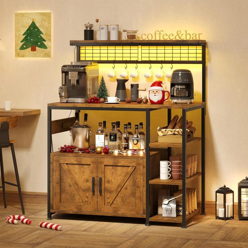 Bakers Rack With Power Outlet And LED Light Microwave Stand
