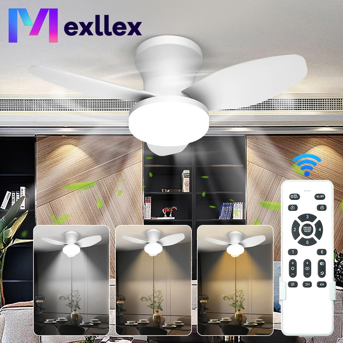 Mexllex Three Leaf Ceiling Fan With Remote LED Light