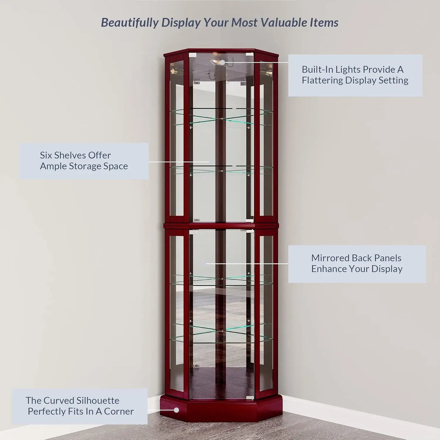 Lighted Corner Curio Cabinet With Tempered Glass Door And Shelves