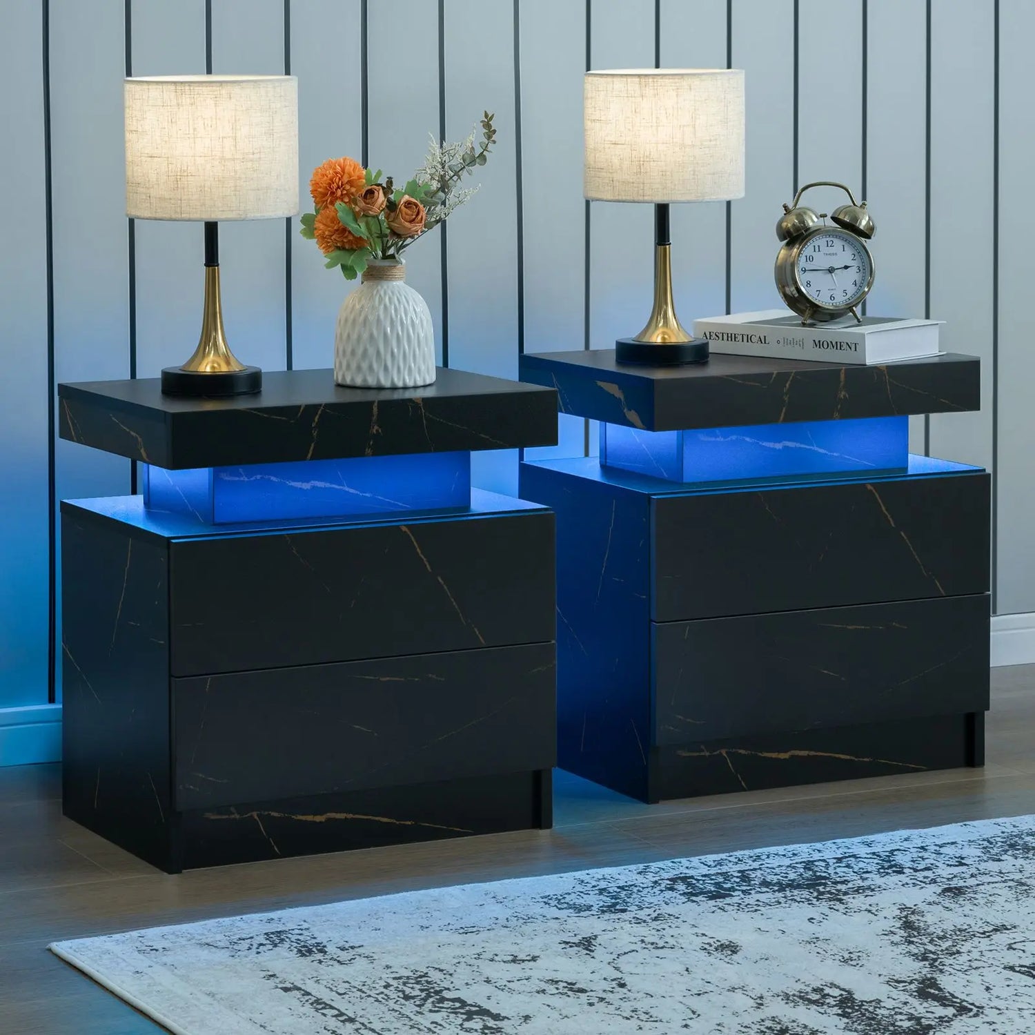 Cubehom LED Nightstands Set Of Two With Drawers Bedside Tables