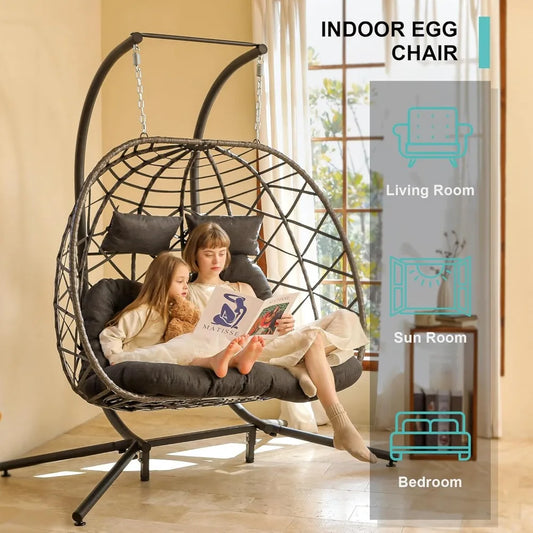 Double Egg Swing Chair With Stand For 2 Person Outdoor Hammock Cushion