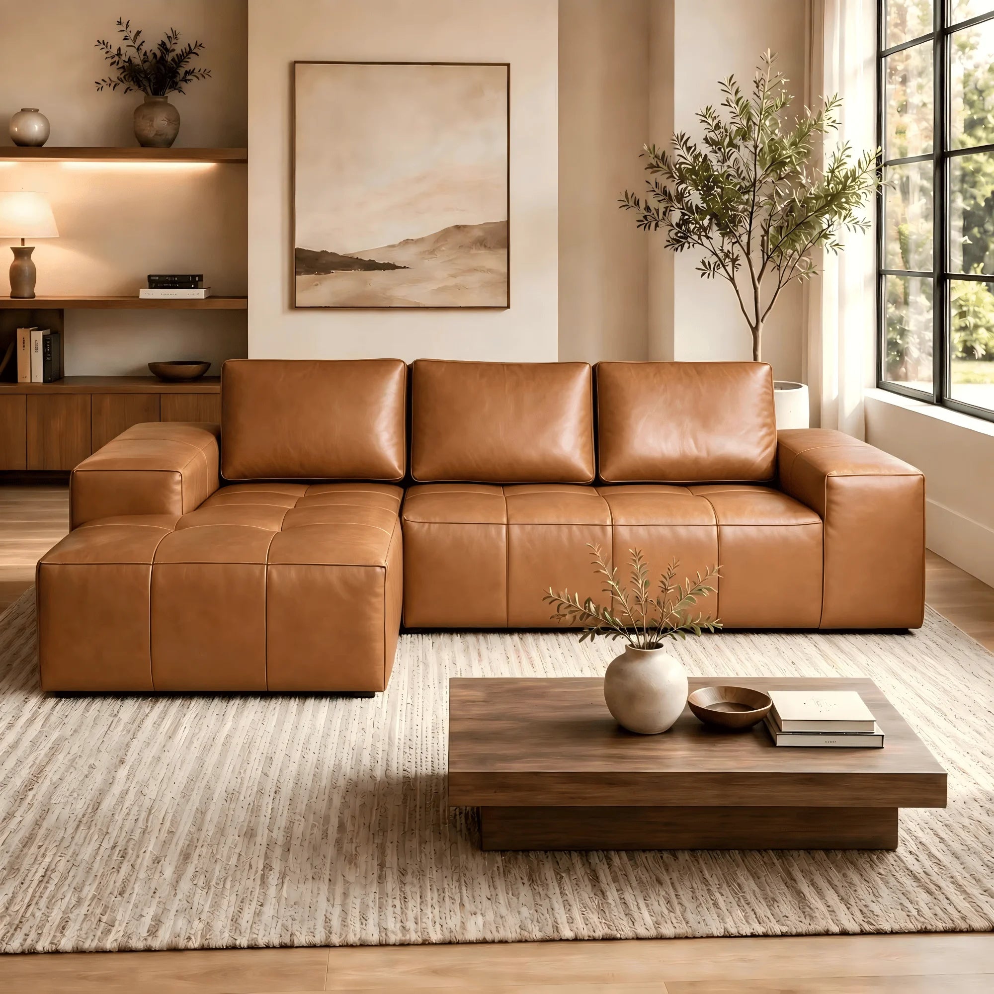Modern Boneless L Shaped Faux Leather Sectional Sofa With Chaise