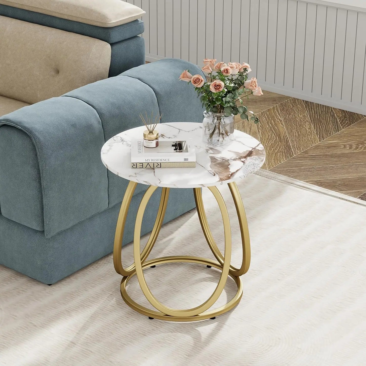 Marbled Stone Round Side Table With Metal Frame Living Room