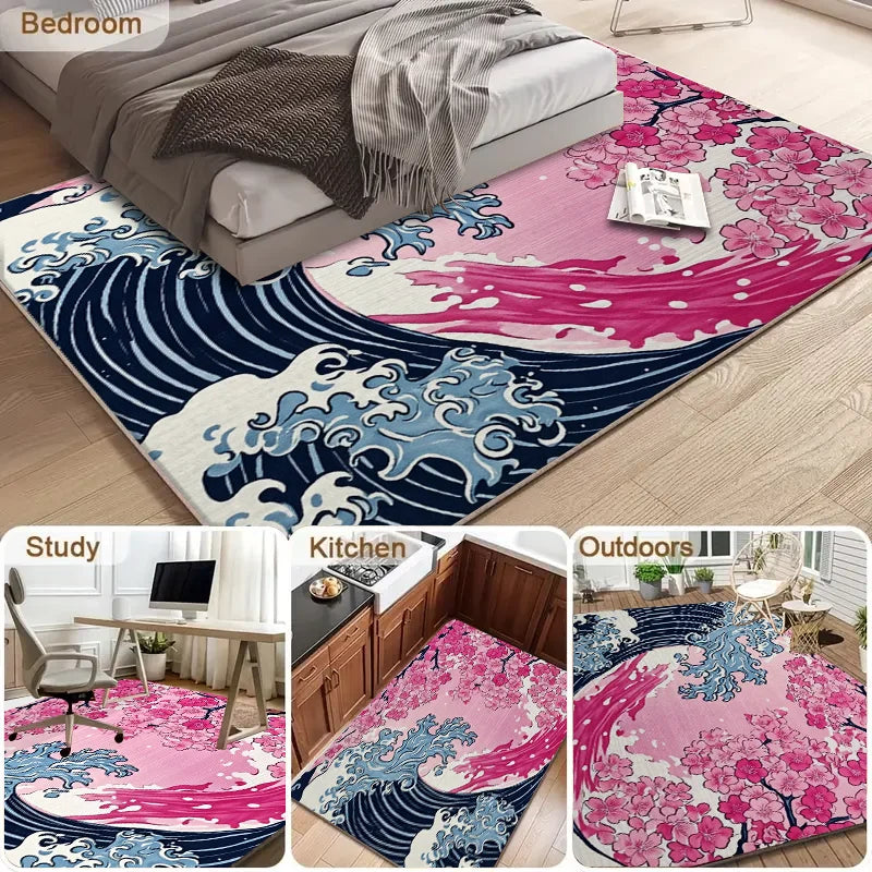 VIKAMA Japanese Cherry Blossom Wave Sofa Carpet Anti Slip