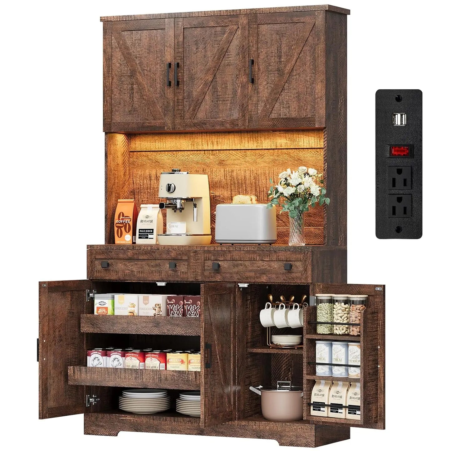 GUANGBAI Kitchen Pantry Cabinet With Charging Station And LED Lights