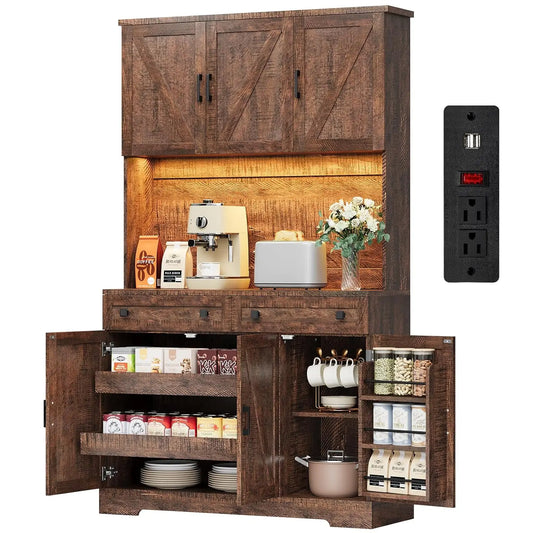GUANGBAI Kitchen Pantry Cabinet With Charging Station And LED Lights