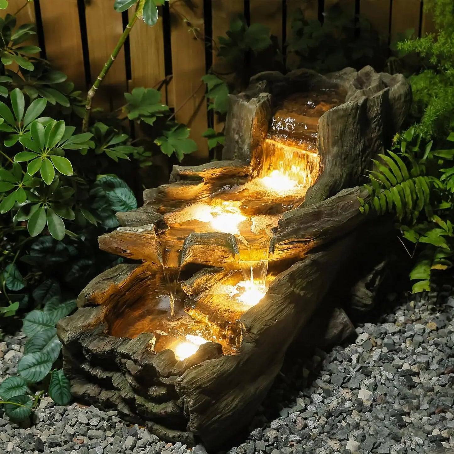 Outdoor Three Tier Tree Trunk Waterfall Fountain With LED
