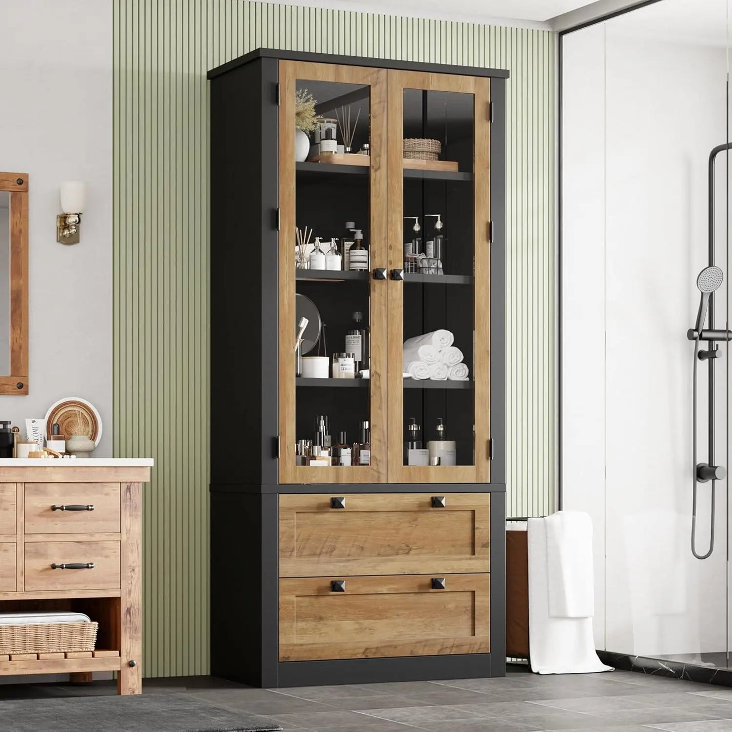 HiMISS Modern Kitchen Pantry Cabinet With Glass Doors