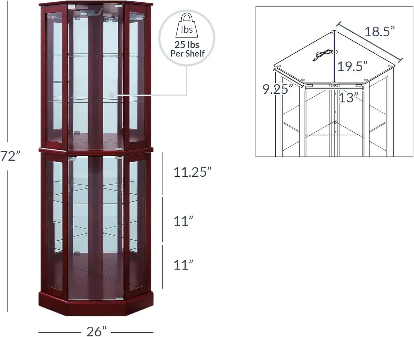 Lighted Corner Curio Cabinet With Tempered Glass Door And Shelves