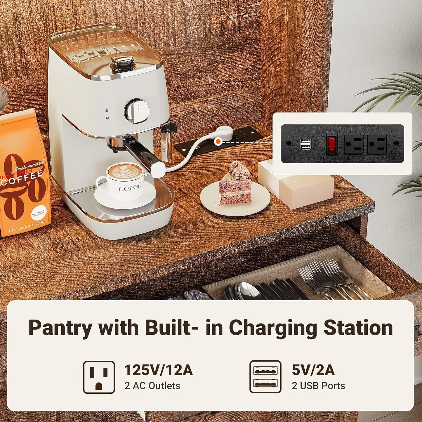 GUANGBAI Kitchen Pantry Cabinet With Charging Station And LED Lights