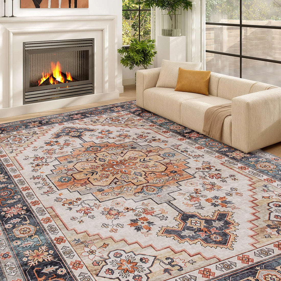 Machine Washable Vintage Oriental Medallion Area Rug For Home Decor