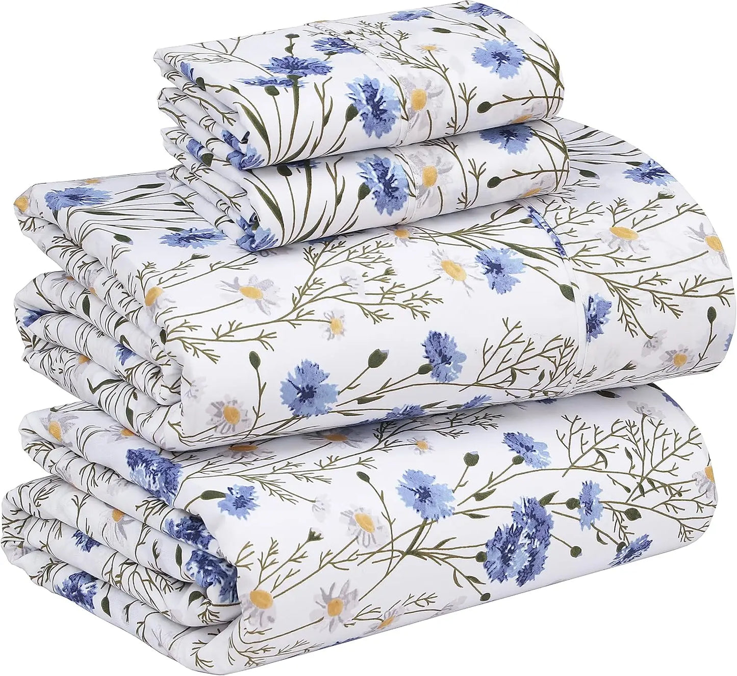 Cotton Percale Sheets Set With Floral Design And Deep Pocket