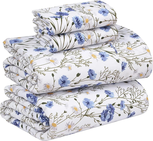 Cotton Percale Sheets Set With Floral Design And Deep Pocket